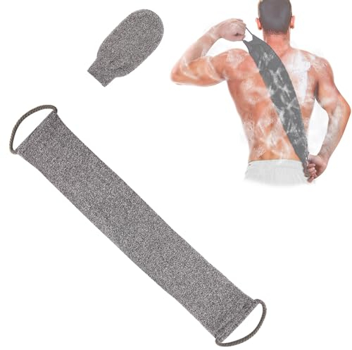 Voarge Rascador de espalda, cepillo de espalda para ducha con guantes exfoliantes, fibra de bambú, guante de masaje con espalda con medio, 2 unidades (gris)