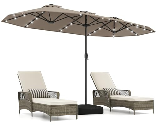 COSTWAY Sombrilla Doble Terraza Exterior 400 x 200 cm, Parasol Jardin Grande con Base Rellenable, Manivela, 12 Varillas, Sombrilla de Patio