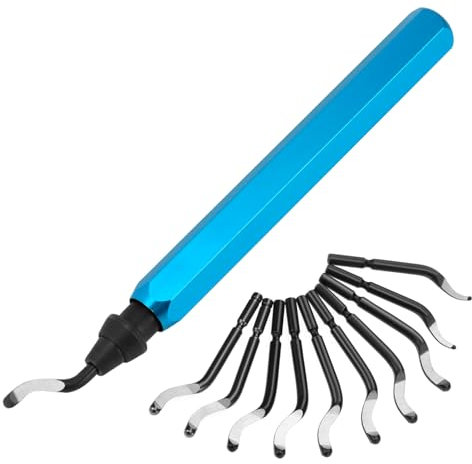 QWORK® Handentgrater mit 11 Klingen, Entgrater mit Aluminiumgriff, 360° Drehbares Handentgrater für Metall, Harz, Kupfer, Kunststoff, PVC und Holz