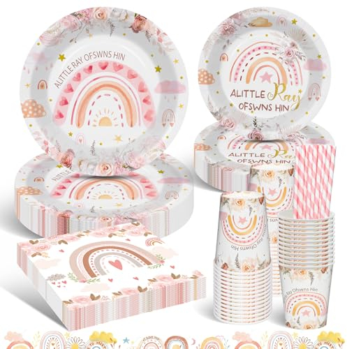 YIMAKJ 50 Pièces BohèMe Arc En Ciel Fête Vaisselle Jetable, BohèMe Baby Shower, Comprend Des Assiettes, Gobelets, Pailles (10 Invités)