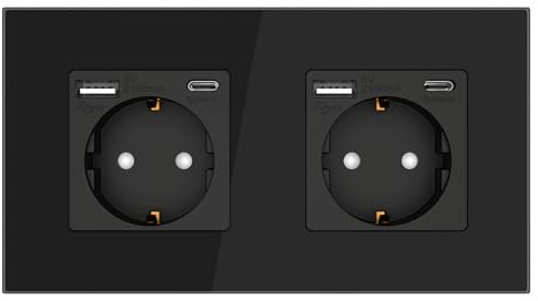 PULSAR USB-C USB-A Steckdose Unterputz Glas Schwarz 2-Fach, Schnellladen | Steckdose USB-C USB-A 2-Fach Glas Schwarz - Doppelsteckdose Unterputz mit 4 USB-Schnittstellen max 20W Schnellladen