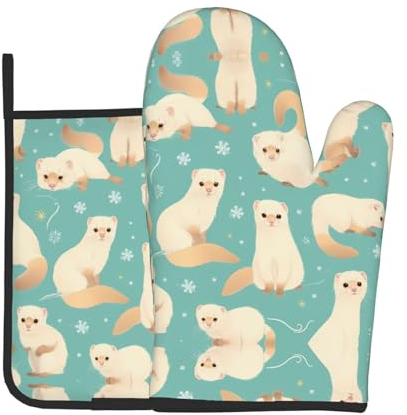 YYHWHJDE Set di 2 guanti da forno e presine con motivo di furetti alla moda francese per aprire i coperchi delle pentole in cucina
