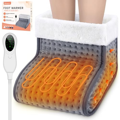 Biutee Foot Warmer with 10 Temperature Levels, Electric Feet Warmer with Washable Inner Lining, Fast Heating from 30℃ to 60℃, Electric Heater with Timing Settings, Christmas New Year Gift, Grey