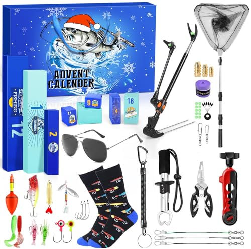 MOVINPE Angel-Adventskalender für Erwachsene, Männer, Teenager, Jungen, 2024, Angelwerkzeuge, Zubehör-Set, Weihnachts-Countdown-Geschenke, 24 Tage Angelzubehör und Ausrüstungsüberraschungen für