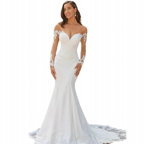 ISCBAFYX Fishtail Wedding Dress Wedding Minimalist Bride Long Sleeve Lace Minimalist Tail Retro