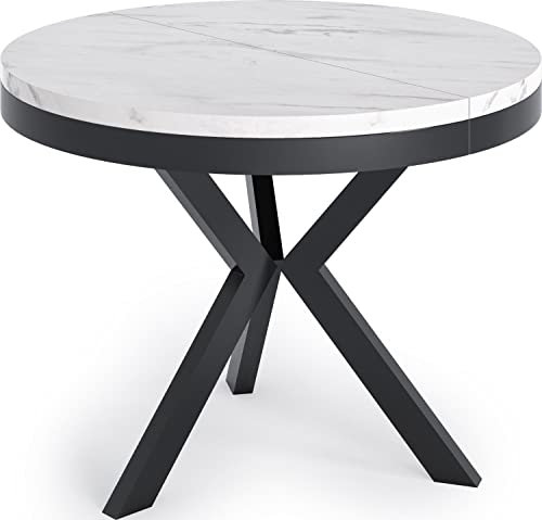 WFL GROUP Runder Ausziehbarer Esstisch im Loft-Stil - Industrieller Tisch in Weißer Marmoroptik mit Schwarzen Metallbeinen - Platzsparender Tisch für Wohnzimmer - Marmor Weiß - 100 bis 140 cm