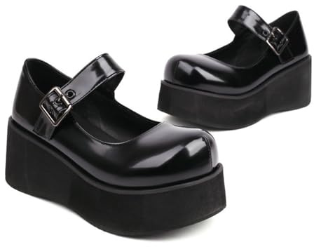 KUHAOFEU Plattform för kvinnor Mary Janes Kilklack Uniform Klänningsskor med klack Gotisk Lolita, Oxfords med justerbart ankelspänne, Svart, 45 EU