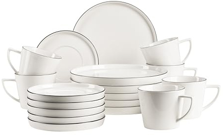 MÄSER, Serie Sita, Teller Set für 6 Personen, Essgeschirr aus weißem Porzellan mit schwarzem Rand, schlicht, elegant, Porzellan, weiß