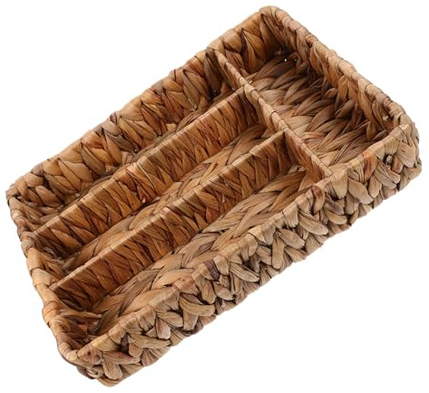 Cabilock Panier à Couverts Tressé Rectangulaire Large En Jacinthe D'eau Naturel, Organiseur Compact Compartimenté, Séparateur à Couverts Polyvalent Cuisine, Bureau Et Rangement à La Maison