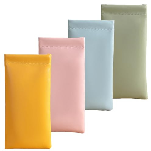 JuanYi 4 Pcs Leather Glasses Case, Slim Glasses Cases, Squeeze Top Glasse Pouch, Self-Closing Sunglasses Pouch, Soft Glasses Case for Women, Men, Kids