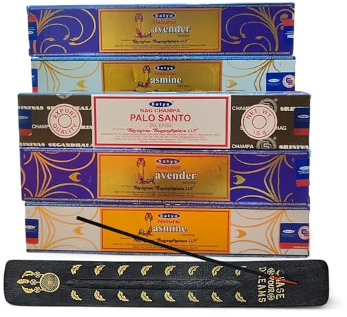 Pack 5 Cajas de Incienso Nag Champa + Porta Incienso de Madera – Aromaterapia Natural – Fragancias Jazmín, Lavanda y Palo Santo – Relajación y Limpieza Energética