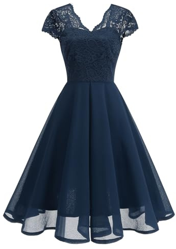 Odizli Cocktailkleid Damen Elegant V-Ausschnitt Spitzenkleid Chiffonkleid Hochzeitsgast Festlich Hochzeit Kurz Abendkleid Ballkleid Konfirmationskleider Abschlusskleid Jugendweihe Kleid Dunkelblau L