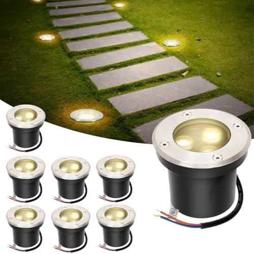 Jaxguom 8er Bodeneinbaustrahler aussen mit eingebaute LED 3W Warmweiß Lamp IP65 Bodenstrahler außen Schwarz Rund,Bodenleuchten befahrbar 230V,Bodeneinbauleuchten für Boden Garten Pool Pflanzen