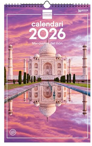 Finocam - Calendrier mural 2026 25 x 40 cm avec vue mois janvier - décembre 2026 + sept. - Déc. 2025 (4 mois) réduits | Calendrier 2026 | Images Merveilles du monde - Catalan