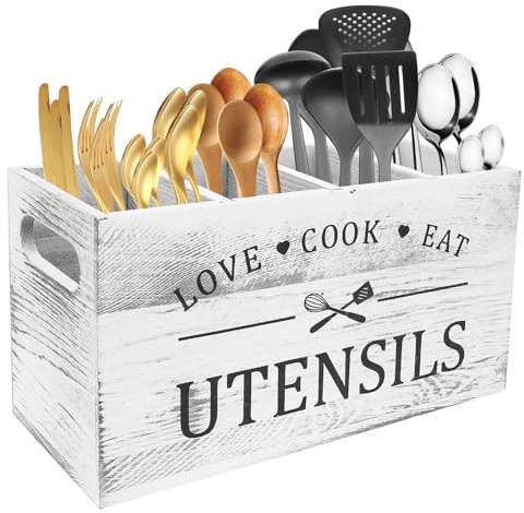 Alongen Kitchen Utensils Holder, Wooden Cooking Utensil Organizer with 4 Compartment and Drainage Bottom Flatware Organize Farmhouse Utensil Caddy for Countertop Decor(white)