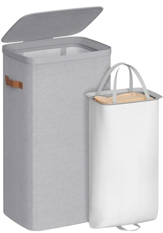 SONGMICS Cesto para la Ropa Sucia, Bolsa de Basura de 100 L, Fácil Montaje, con Asas para la Tapa, Bolsa Interior Extraíble, 42 x 32 x 75 cm, Gris Paloma LCB811GD01