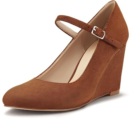DIFEMA Womens Wedge Pumps with Ankle Strap for Dressy Ladies Mary Jane Shoes Closed Toe Wedges Heels for Women,Brown,9
