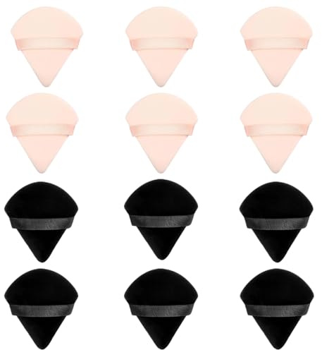 WUSJCOF Juego de 12 piezas Soplos de Polvo, Triángulo Suaves para uso dual en húmedo y seco, Herramienta de Maquillaje, Cojín Esponja para o Rubor de Base, Borla, Sueltos (Negro y color de piel)