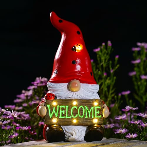 Yeomoo Solar Gartenzwerg mit Willkommensschild & Marienkäfer für Außen Gartendeko - Lustige Zwerge Solar Deko Figuren - Geschenke für Frauen Männer Mum Geburtstag Garten Balkon Wohnzimmer Deko Rot