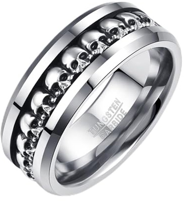 Tungsten Men's Rings with 925 Sterling Silver Skulls Inlay - 8mm Black/Silver Band Statement Ring, Comfort Fit - Gothic Gifts for Men