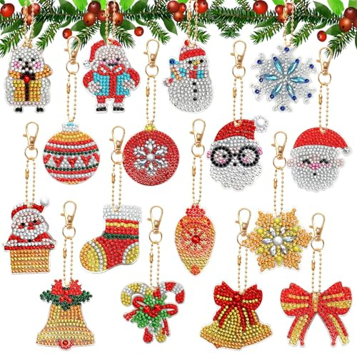 Juyibaao 16 Stück Diamond Painting Weihnachten Anhänger, Doppelseitige Diamant Painting Bastelset für Kinder, Weihnachtsdeko Schlüsselanhänger DIY Basteln