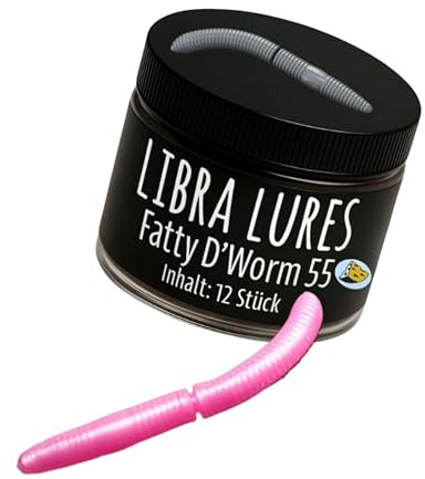 Libra Lures Fatty D`Worm Tournament 55mm Forellenköder Supersoft | 12 Stück | Aroma: Käse | Farbe: 018/ Pink Pearl | Gummiköder Neuheiten | Erfolgreicher Forellen Angeln mit dem Fatty