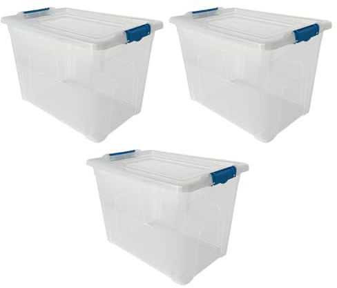 STASH’D STORAGE 50L or 80L Storage Boxes with Lids - Stackable Clear Plastic Boxes with Clip-Lock Lid - Durable & Multipurpose Storage Box for Home, Office & Garage Organisation (Pack of 3, 80 Litres)