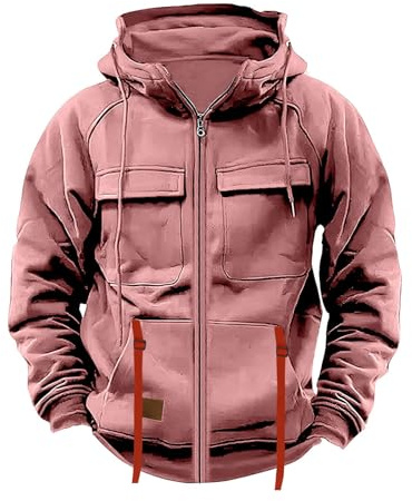 Générique Veste Homme à Capuche Blouson Cargo Décontracté Manteau Chaud Couleur Unie Outerwear avec Fermeture Éclair Survêtement Plusieurs Poches Vêtements Rose XXL