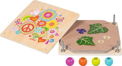 goki 58296 Blompress Flower Power – robust planteringspress av trä, med färgglad retrodesign, 17,5 × 17,5 cm, för små naturforskare och kreativa bastelidéer