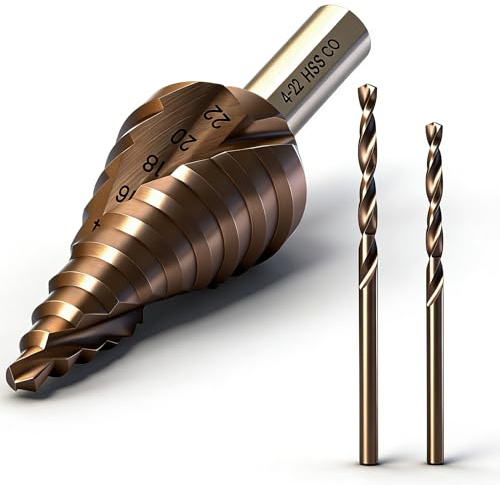 Stufenbohrer Metall Ø 4-22, Kegelbohrer für Metall M35 HSS CO Stufenbohrer mit 10 Stufen Schälbohrer für Edelstahl, Baustahl, Holz und Kunststoff mit 2 Stück M35 Spiralbohrer 2,5mm 3mm