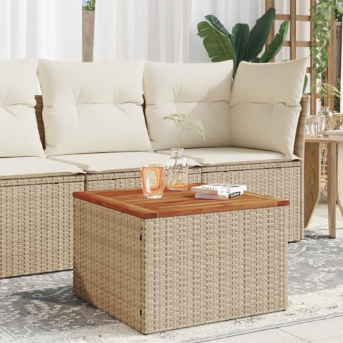 HaoChrymec Gartentisch mit Akazienholzplatte und PE-Rattan, Robuster Stahlrahmen, Balkon Tisch, Beistelltisch Outdoor, Loungetisch Garten, Wetterfest, Beige, 55 x 55 x 37 cm