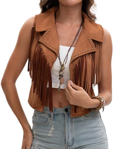 Adigau Gilet femme Gilet Hippie en Daim Synthétique Veste Vintage Sans Manches Vestes Courtes Élégantes à Franges Cardigan Cowgirl Western