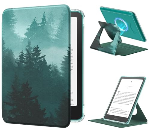 MoKo 360° Drehbar Hülle für 7 Kindle Paperwhite 12.Generation 2024&Kindle Colorsoft 2024/2025, Durchsichtig Abnehmbar Magnetisch Verstellbar Schutzhülle mit Ständer Auto Wach/Schlaf, Grüner Wald