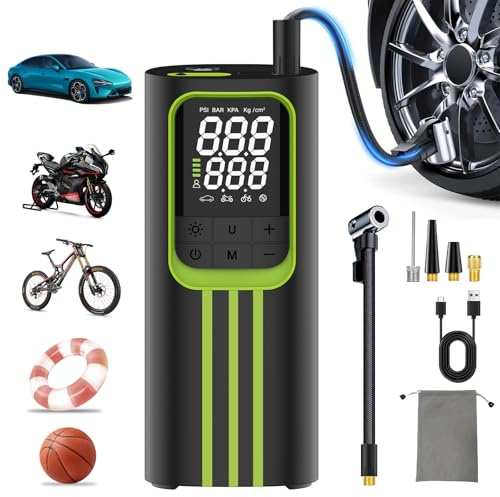 Compressore Aria Portatile, Compressore Aria Portatile Auto 150PSI | Gonfiatore Elettrico Portatile con Schermo LCD Digitale e Torcia LED, per Auto, Moto, Bicicletta, Palla, Nero e verde