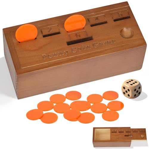 HAIYANG Penny Coin Game, Wooden Board Game with Dice and Coins, 2-5 Players, Penny Coin Game -Get Rid of Coins to Win,Simple Dice Games