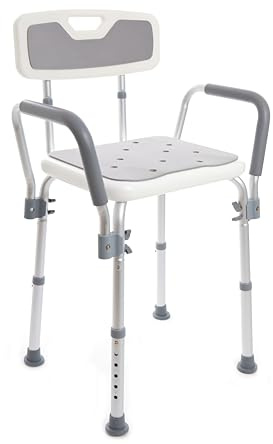 Padded Shower Chair with Height Adjustable Legs, Shower Bench with Padded Seat, Back and Armrest, Non Slip Feet, Bathtub Stool for Elderly, Disabled and Pregnant, 150KG Capacity