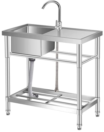 Edelstahl Spültisch 76x41x76CM, Freistehende Küchenspüle 1 Becken, Gewerbliche Spülbecken Mit Wasserhahn Kalt Und Warmwasserschläuchen, Für Waschküche Outdoorküche Gastro Geschäft Restaurant