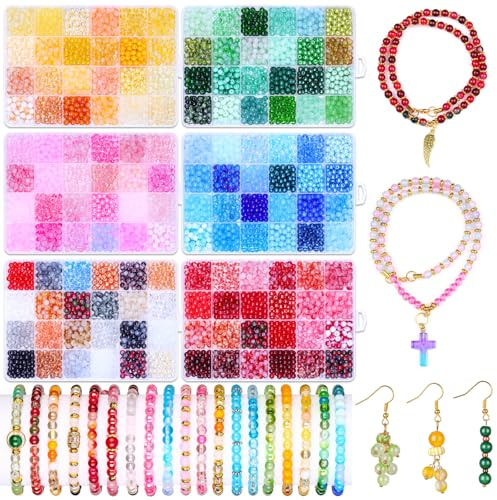 3 600 stycken glaspärlor 6 mm, 144 färger, runda färgglada glaspärlor att trä på med cracklepärlor, jadeglaspärlor för armband, smyckestillverkning och pyssel