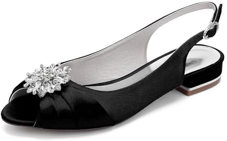 Brudskor dam öppen tå bröllop kväll platta sandaler satin bröllop brudskor 2,5 cm, Svart, 37 EU