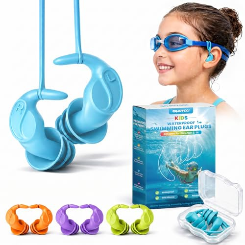 Tappi Orecchie Nuoto Bambini 5-14 Anni, 4 Paia Tappi Auricolari Impermeabili in Silicone con Cordino Rimovibile, Compatibili con Occhialini da Nuoto, Riutilizzabili per Piscina e Lezioni di Nuoto