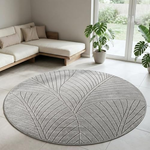 Carpetsale24 Kurzflor Teppich Rund 200 cm Grau, 3D Hoch Tief Effekt, Skandinavischer Boho Teppich für Wohnzimmer Esszimmer, Balkon Terrasse Outdoor geeignet