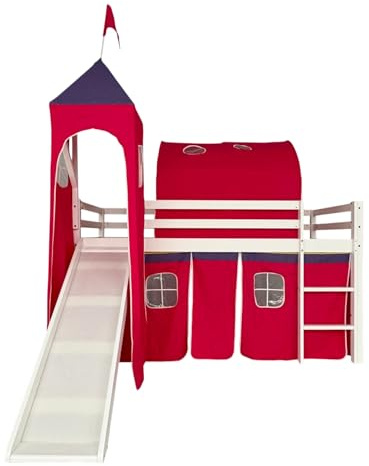 Gotagee Kinderbett Hochbett mit Rutsche und Zelt 90×190 cm (ohne Matratze), weißes Kiefernholz, Spielbett mit Leiter und Baumwollzelt im Schlossdesign