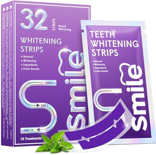 Purple Teeth Whitening Strips 32 Strips for 16 Treatments–Enamel-Safe, No Sensitivity, Non-Slip –Fast Results in 7 Days–Removes Coffee & Wine Stains–Mint–Home Teeth Whitening Kit for Sensitive Teeth