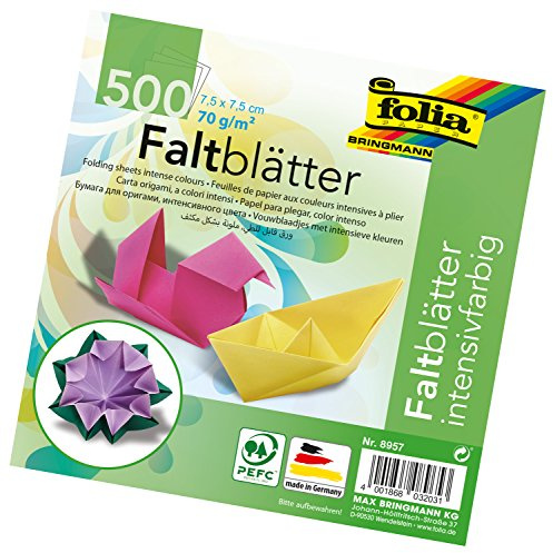 folia 8957 - Faltblätter 7,5 x 7,5 cm, 70 g/qm, 500 Blatt sortiert in 10 intensiven Farben - ideal zum Papierfalten und für andere kreative Bastelarbeiten