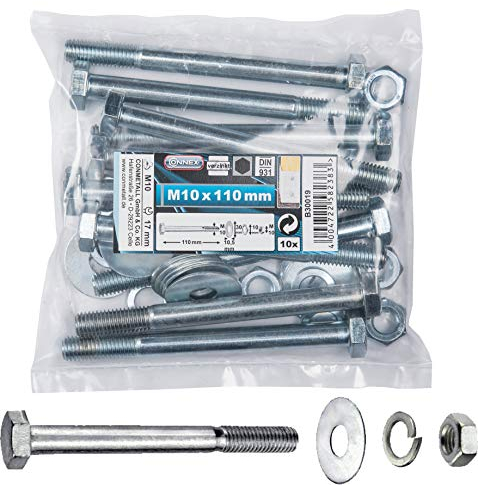 Connex Sechskantschrauben M10 x 110 mm - 10 Stück - Außensechskant-Antrieb - Verzinkt - Für sämtliche Konstruktionen - Inkl. Unterlegscheiben, Federringe & Muttern / Schrauben-Sortiment / B30019