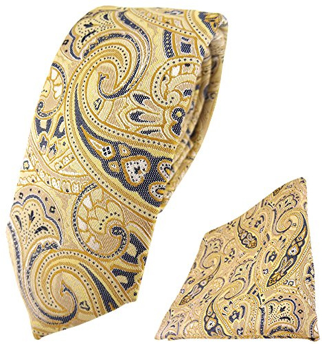 TigerTie schmale Krawatte + Einstecktuch gelb beige sandgelb anthrazit Paisley