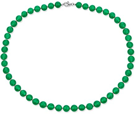 Bling Jewelry Simple 7MM Ball Bead Dyed Green Agate Simulated Jade Long Strand Necklace For Women .925 Sterling Silver 19 Inch