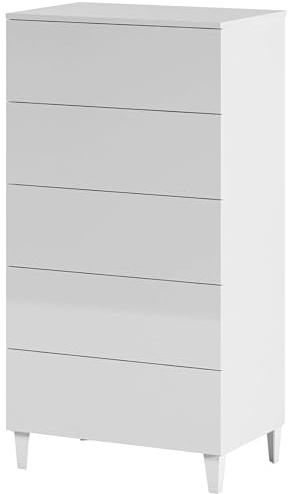 Habitdesign Cómoda 5 Cajones, 117x61x40 (AltoxAnchoxFondo-en cm), Sinfonier Dormitorio Color Blanco Brillo, Modelo Loft
