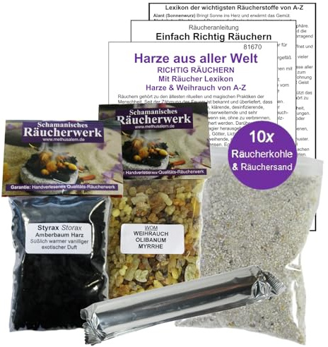 Styrax & Weihrauch mit Myrrhe Räucherset 100ml (2X 50ml) – Reine Harze zum Räuchern & Ausräuchern – 6-TLG. Räucherwerk Set für Schutz, Hausreinigung & Rauhnächte mit Räucherkohle & Zubehör. 81670-11