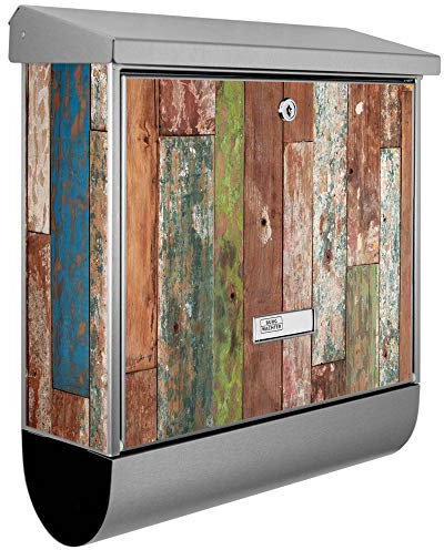 banjado® Burgwächter Briefkasten Edelstahl 38x39x12cm mit Motiv Buntes Holz/Briefkasten Edelstahl ohne Zeitungsfach/Briefkasten grau/Postkasten inkl. Montagematerial & 2 Schlüsseln